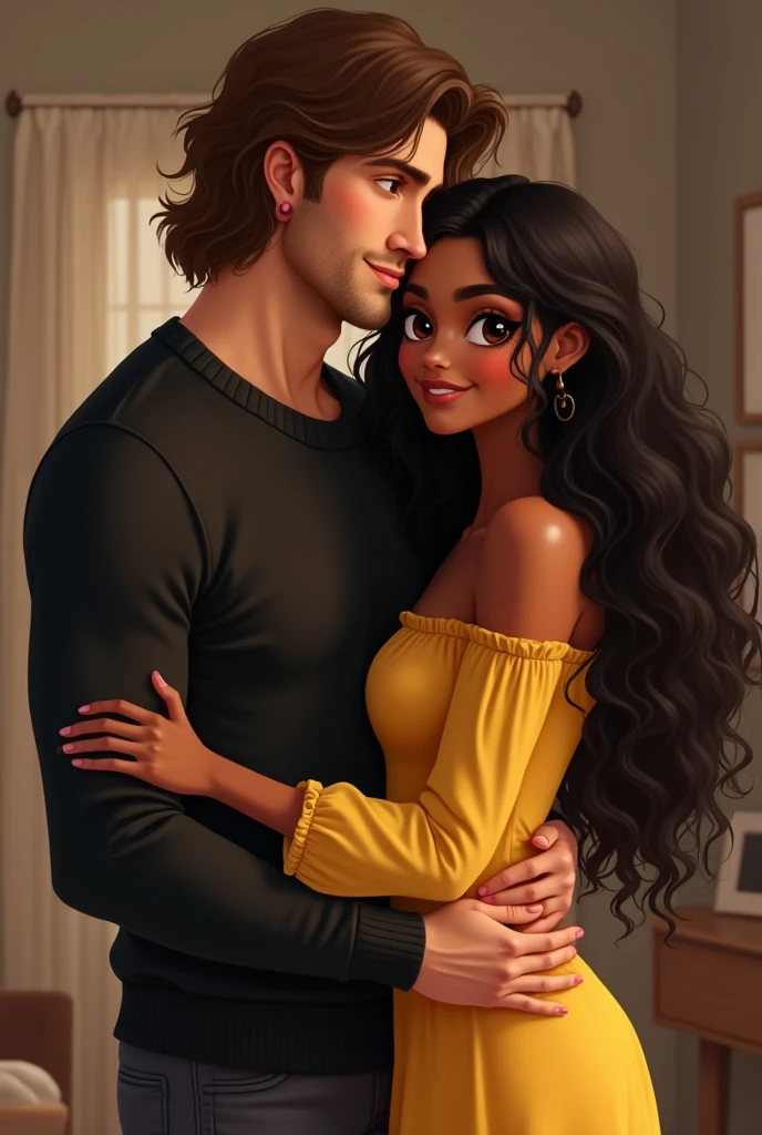 A brown woman with long black curly hair, black eyes, wearing a yellow dress. Hugs a white man with a wide chin, drumstick nose, brown wavy hair. He wears a black sweater