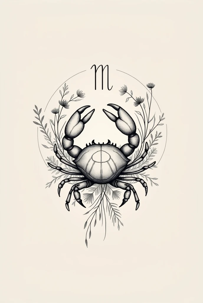 Cancer logo tattoo with plants and flowers around in minimalist line style