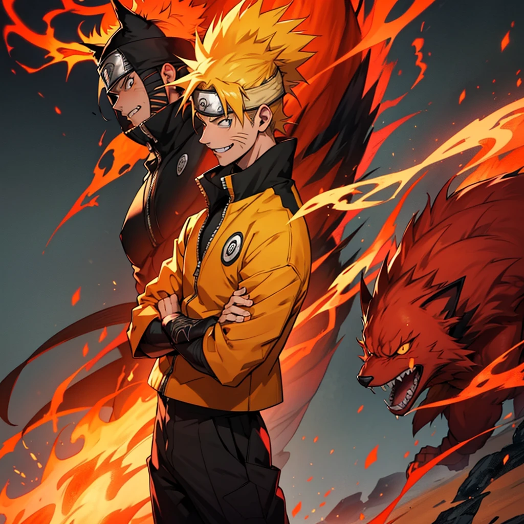 Sure! Here is a prompt for the image:
"Naruto Uzumaki with a badass look, standing confidently with Kurama behind him, sporting an evil smile. Naruto is dressed in modern clothes, smiling calmly with one eye glowing red, and releasing a powerful aura."