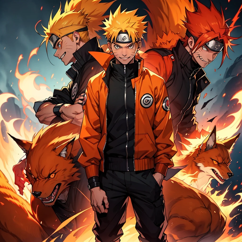 Sure! Here is a prompt for the image:
"Naruto Uzumaki with a badass look, standing confidently with Kurama behind him, sporting an evil smile. Naruto is dressed in modern clothes, smiling calmly with one eye glowing red, and releasing a powerful aura."