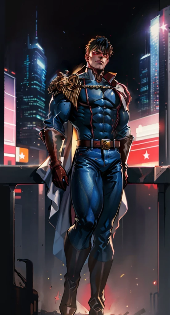 HomelanderComicACC, a man with black hair, stands tall and imposing, a futuristic sci-fi style blue short jacket, a dark bodysuit, matching trousers, a belt cinched at the waist, colorful grey gloves, he stands atop a futuristic high-rise, he surveys the city night view, this character embodies a finely crafted futuristic sci-fi, exquisite and mature manga art style, high definition, best quality, highres, ultra-detailed, ultra-fine painting, extremely delicate, professional, perfect body proportions, golden ratio, anatomically correct, symmetrical face, extremely detailed eyes and face, high quality eyes, creativity, RAW photo, UHD, 32k, Natural light, cinematic lighting, masterpiece-anatomy-perfect, masterpiece:1.5