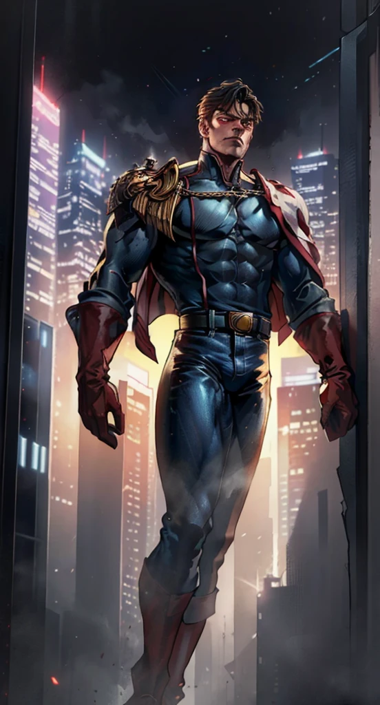 HomelanderComicACC, a man with black hair, stands tall and imposing, a futuristic sci-fi style blue short jacket, a dark bodysuit, matching trousers, a belt cinched at the waist, colorful grey gloves, he stands atop a futuristic high-rise, he surveys the city night view, this character embodies a finely crafted futuristic sci-fi, exquisite and mature manga art style, high definition, best quality, highres, ultra-detailed, ultra-fine painting, extremely delicate, professional, perfect body proportions, golden ratio, anatomically correct, symmetrical face, extremely detailed eyes and face, high quality eyes, creativity, RAW photo, UHD, 32k, Natural light, cinematic lighting, masterpiece-anatomy-perfect, masterpiece:1.5