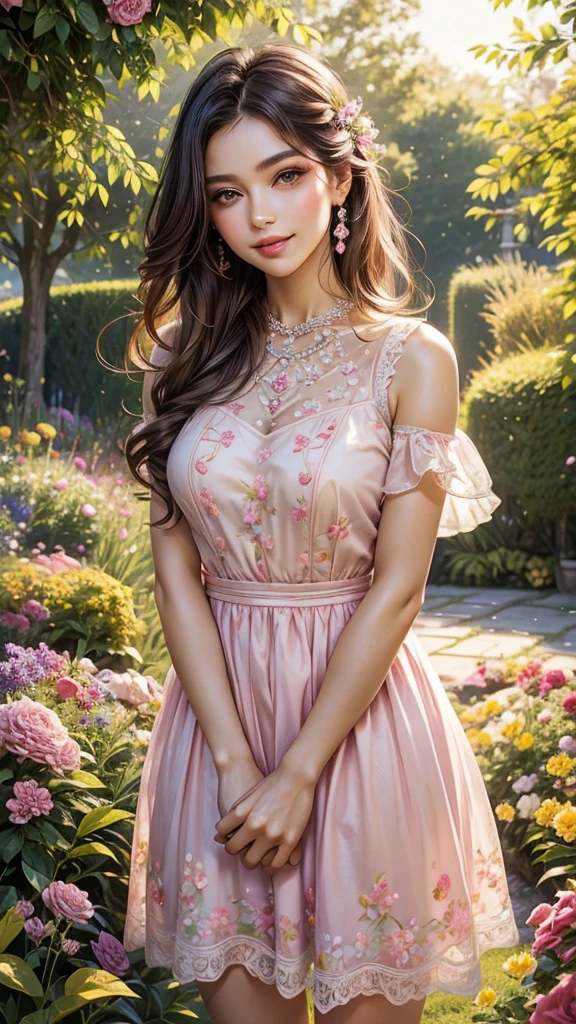 Bright colors,professional,Beautiful and delicate eyes,Beautiful and delicate lips,Long eyelashes,Confident expression,Natural Makeup,Standing in a blooming garden,Colorful flowers surround her,The soft sunlight illuminated her,a gentle breeze ruffling her hair,Perfect skin tone,Beautiful posture,Sexy atmosphere,Charming smile,Wearing a pink dress