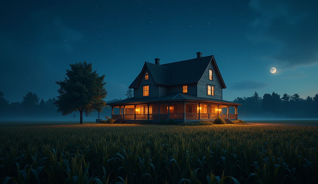 A detailed, beautiful two-story farmhouse surrounded by a cornfield, night sky with stars, cinematic lighting, atmospheric, magical, intricate details, photorealistic, 8K, breathtaking