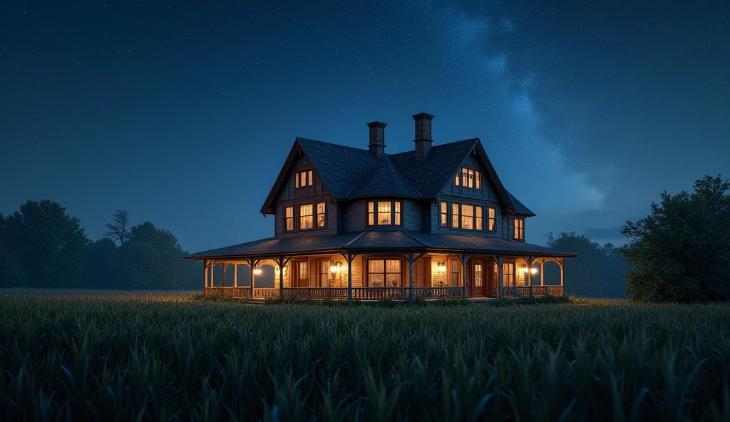 A detailed, beautiful two-story farmhouse surrounded by a cornfield, night sky with stars, cinematic lighting, atmospheric, magical, intricate details, photorealistic, 8K, breathtaking