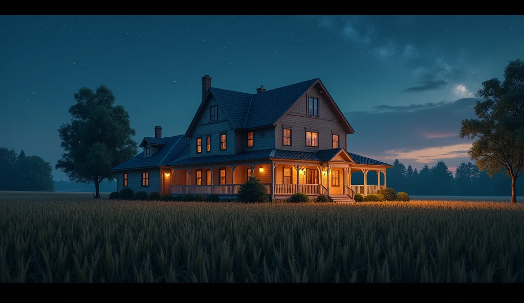 A detailed, beautiful two-story farmhouse surrounded by a cornfield, night sky with stars, cinematic lighting, atmospheric, magical, intricate details, photorealistic, 8K, breathtaking