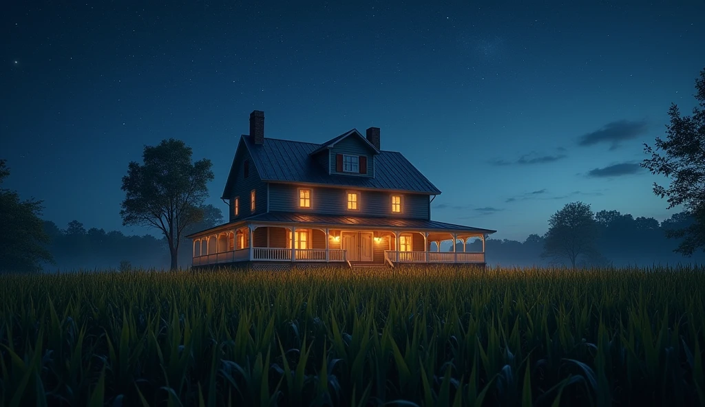 A detailed, beautiful two-story farmhouse surrounded by a cornfield, night sky with stars, cinematic lighting, atmospheric, magical, intricate details, photorealistic, 8K, breathtaking