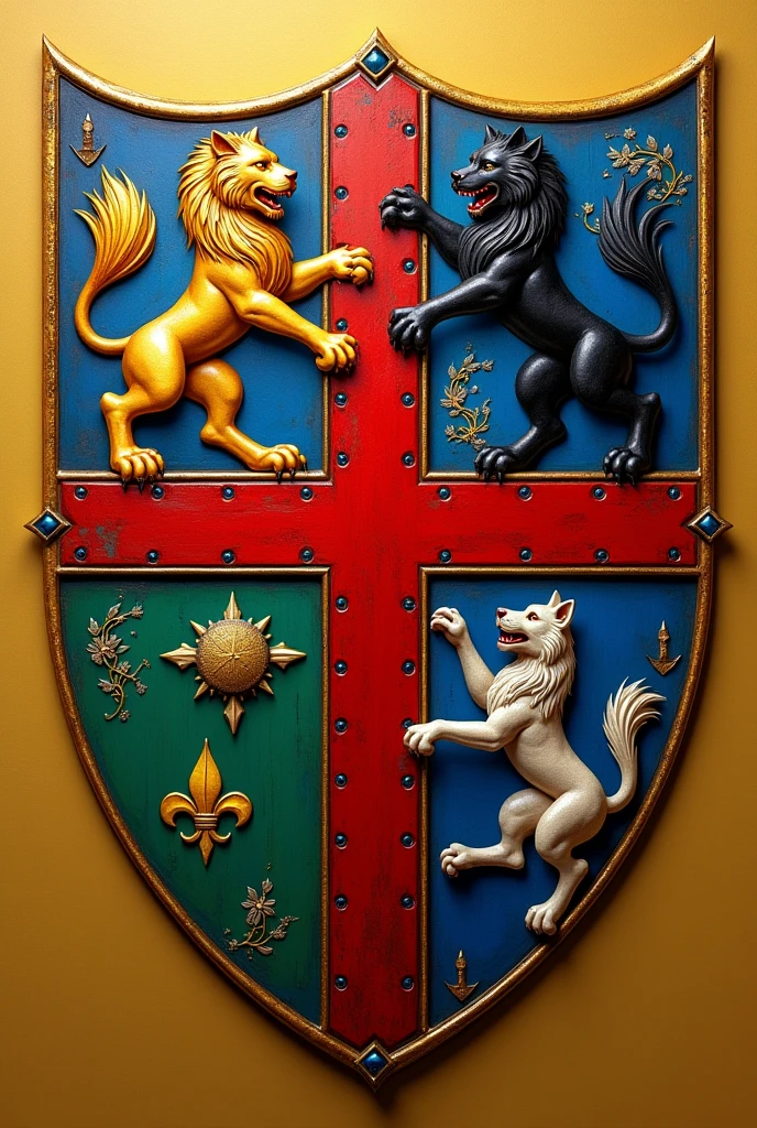 Create a shield for the Bolaños and Chacon families, respecting mythology, with a red Calatrava cross charged with five silver scallops and azure and silver wave tips, rampant lion and the green tablecloth, silver sheep on a field of gold, golden fleur-de-lis and a black wolf of saple, with the colors red, Gold and Blue