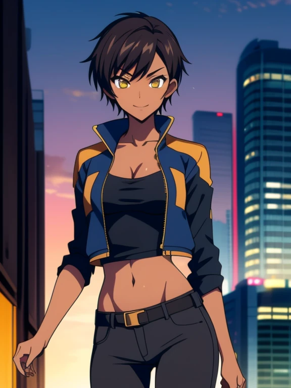  outdoors, Empty City at Night, 1girl, solo, 26 years old, tomboy, Short Black Hair, (tan-bronze skin), yellow eyes, medium breasts, cleavage, (Midriff), (Wearing: opened blue jacket, Strapless black top, Belt, Black Tight Pants), toned, hourglass figure, athletic, agile physique, snarky expression, looking at viewer, wide smile, (agile physique:1.1), upper body , ((masterpiece))