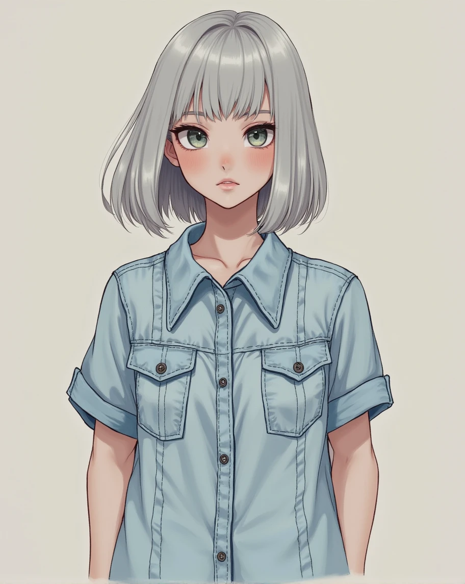(RAW photo, best quality, masterpiece: 1.2), (photorealistic: 1.4), best lighting, 20 years old, (detail face, detail eyes, light gray eyes, light gray hair, short straight bob cut, Symmetrical eyes, medium breasts :1.3)