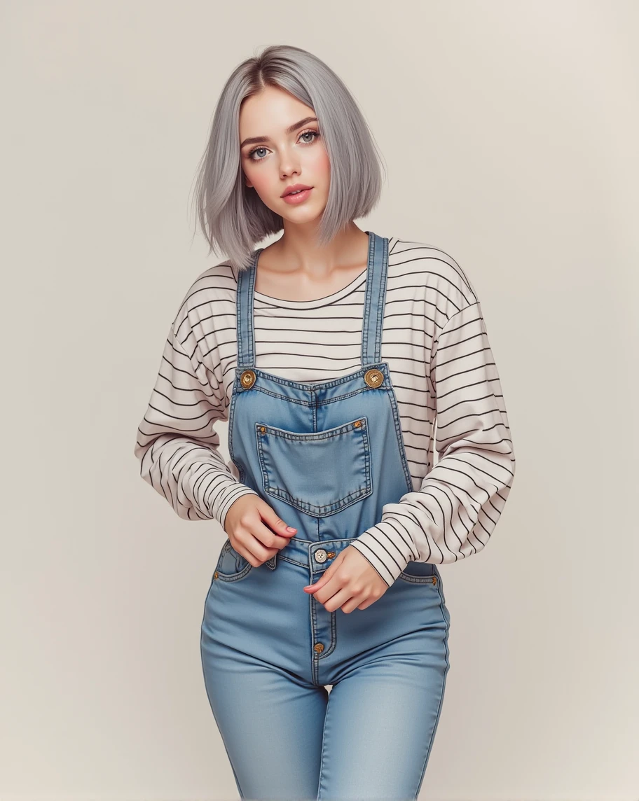 (RAW photo, best quality, masterpiece: 1.2), (photorealistic: 1.4), best lighting, 20 years old, (detail face, detail eyes, light gray eyes, light gray hair, short straight bob cut, Symmetrical eyes, medium breasts :1.3)