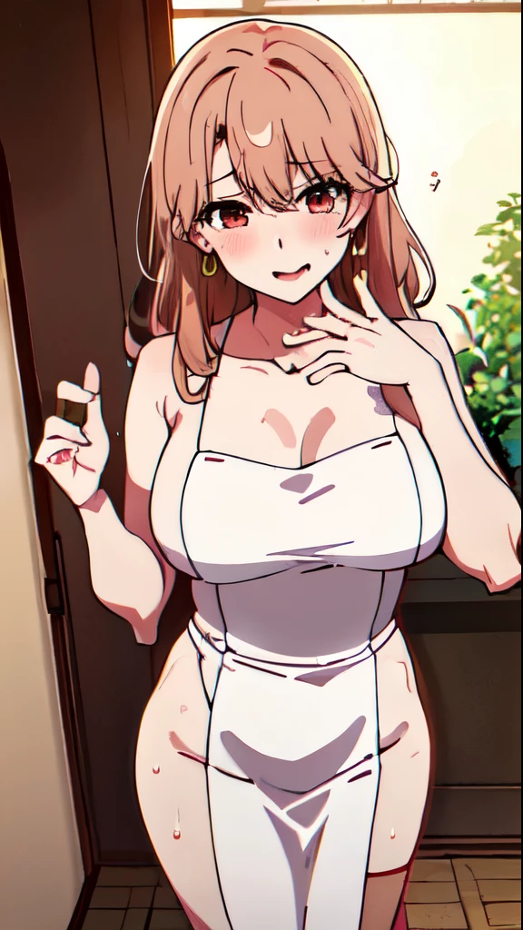 nsfw:1.5,((masterpiece, Highest quality)), Miyako, One girl, alone, chest, 前hair, jewelry, big_chest, gold hooped earrings, Mole, hair_behind_ear, White towel , bathing, Wet, sweating, blush, wearing towel, View your viewers, Entrance, garden, whole body、Put your hands on your hips, Selfie, strawberry-blonde hair, Red eyes、Showing off her nipples:1.5、(自分のchestを自分で掴んでいる:1.2)