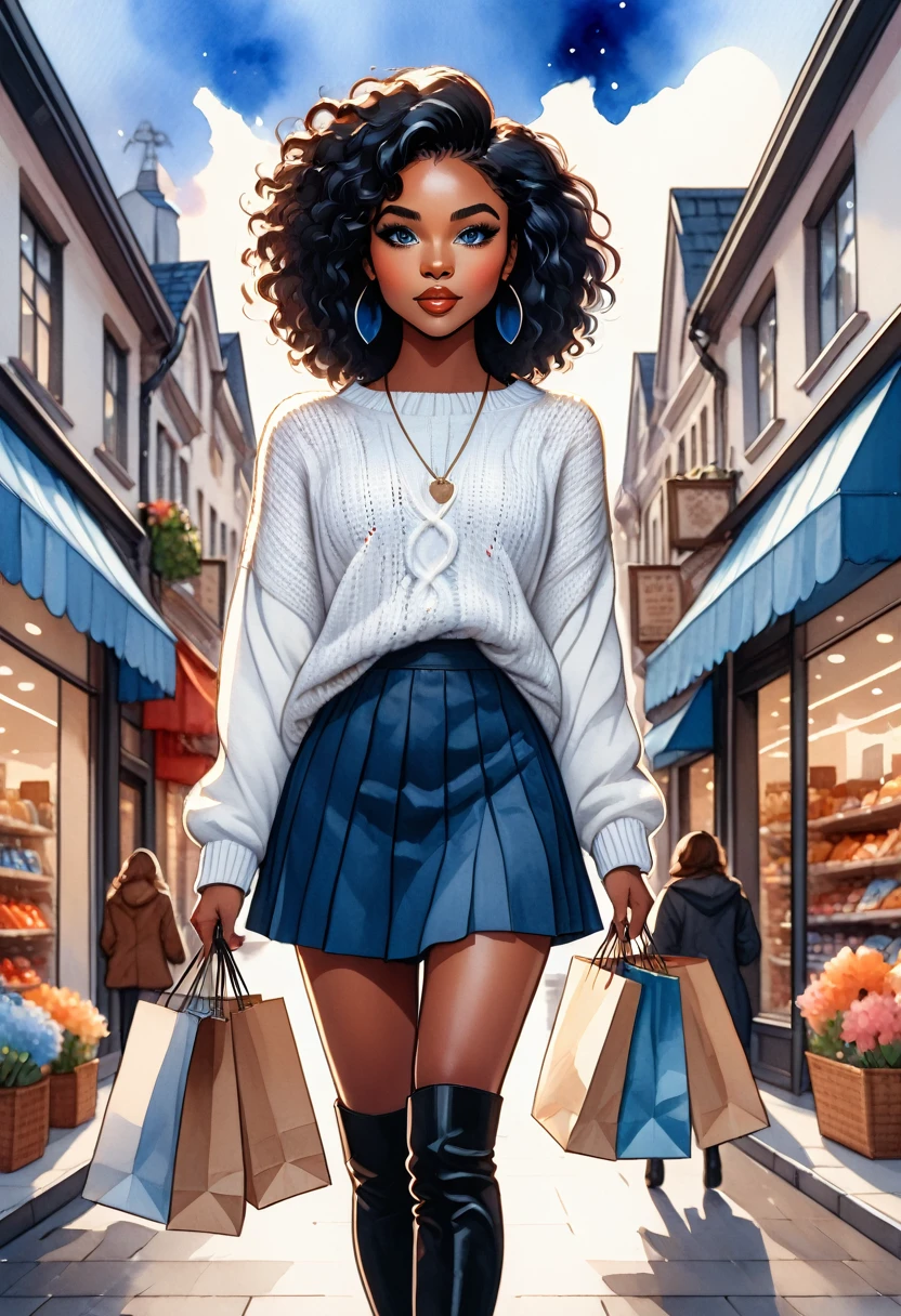 kawaii style, masterpiece, best quality, solo representation of a black woman with wavy black hair and blue eyes, looking straight at the viewer. She is wearing a white sweater paired with a black skirt and long black boots. The scene is depicted as a cartoon-style watercolor illustration. She is actively shopping, surrounded by various stores and shopping bags, creating a lively and dynamic environment.