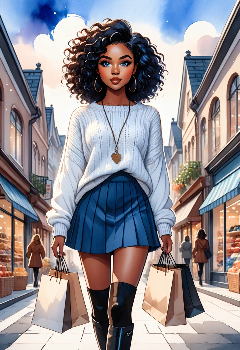 kawaii style, masterpiece, best quality, solo representation of a black woman with wavy black hair and blue eyes, looking straight at the viewer. She is wearing a white sweater paired with a black skirt and long black boots. The scene is depicted as a cartoon-style watercolor illustration. She is actively shopping, surrounded by various stores and shopping bags, creating a lively and dynamic environment.