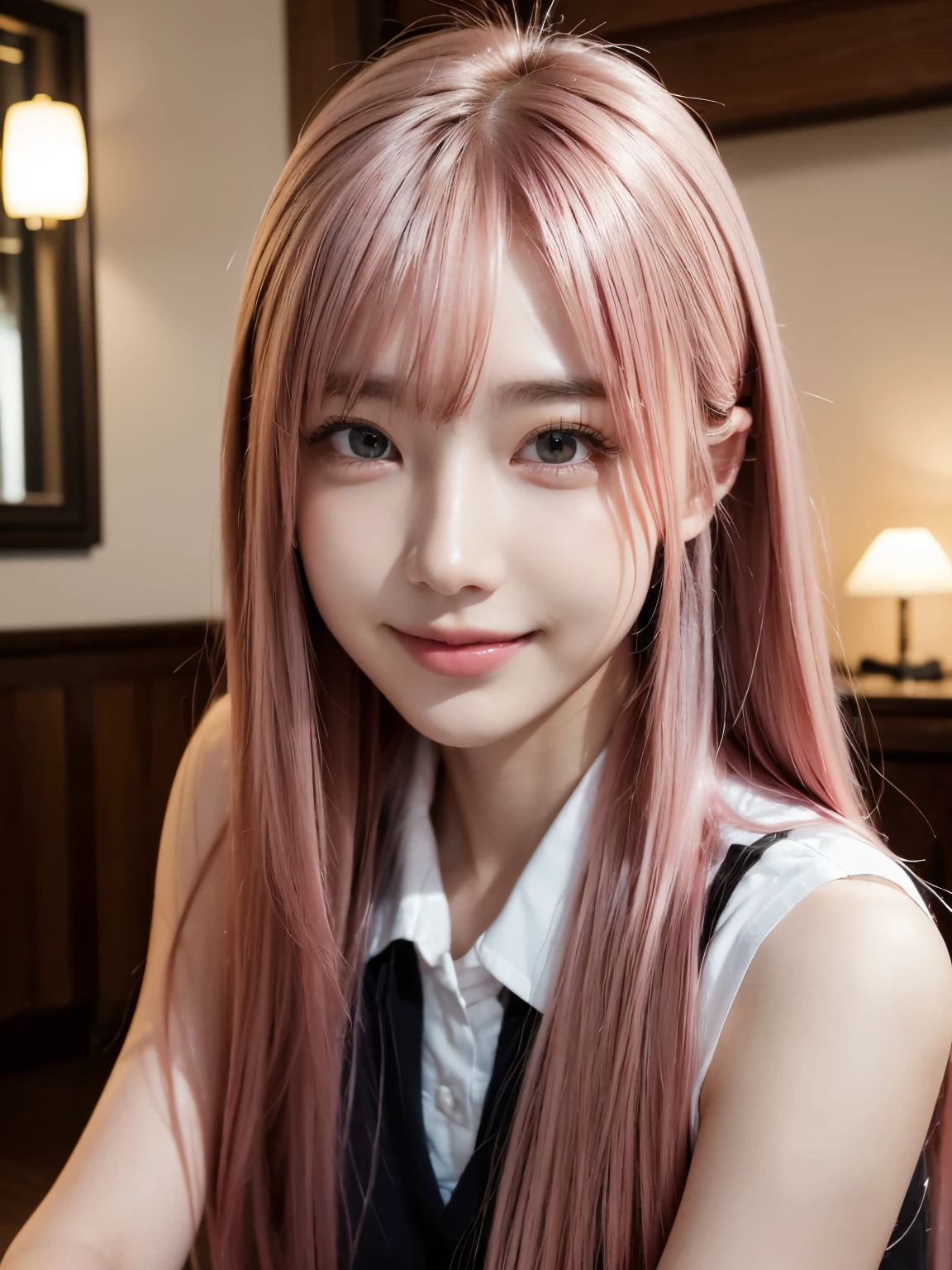 (8k, RAW Photos, Highest quality, masterpiece:1.2), (Realistic, photo-Realistic:1.37), Very detailed, 1 girl,cute, alone,Beautifully detailed skies,Detailed Cafe,Sitting,Date,(Red nose),(smile:1.1),(Mouth closed),Large Breasts, seductive smile, Large opening, Professional Lighting, Sony A7R4, Zesse 50mm f1.8, Medium chest,Beautiful attention to detail,(Collared shirt:1.1),Pleated skirt,Floating Hair ,非常に詳細でプロフェッショナルな照明のsmile、Pink Hair、Beautiful Face、Well-formed face、Lip gloss、Long Hair、Pink Hair、Hair color: Pink、Full Body、
