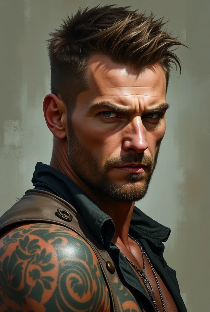 White male brown hair green eyes tattooed