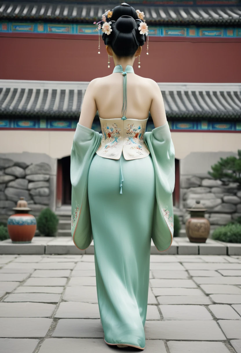 
The image of a Qing Dynasty Empress with her bare buttocks visible. The background is the stone paving outside a Chinese palace during the Qing Dynasty. Only her large buttocks are sticking out. She is either wearing underwear or not. Her protruding buttocks are floating up in the air.　　　　　　　　　　　　　　　　　　　　　　　　　　　　　　
Her hair is decorated with a large flower ornament and a large crown.　
The back of the hair is tied up and up.　Erotic Woman