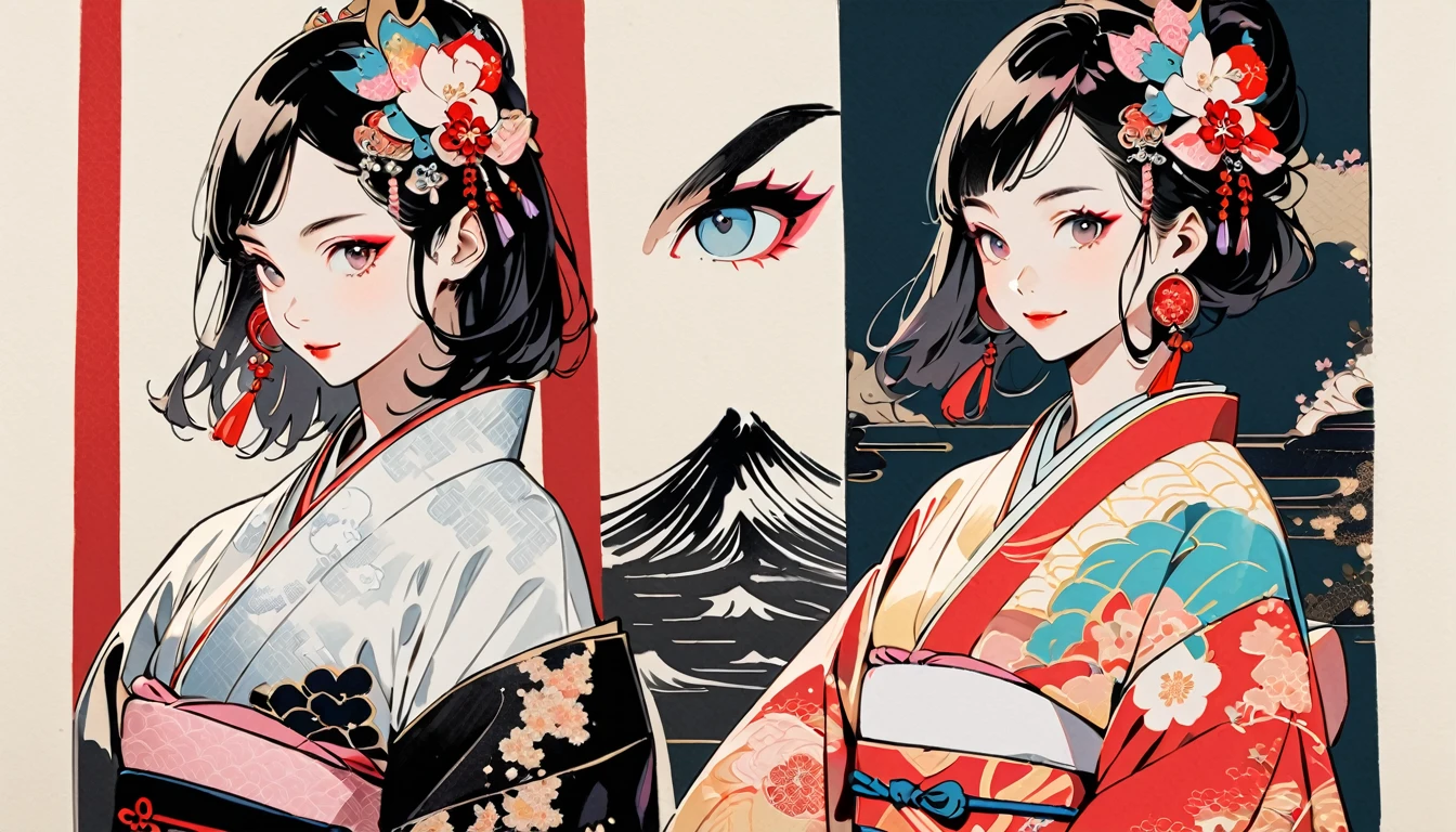 (((Ink Painting))), Fashion portrait color photos, (((twins))), (((Japanese patterned kimono))), (((Very flashy hair accessories))), (((Very flashy makeup))), Japanese style headphones, smile, front view, Japan人の美少女, Black Hair, Delicate and precise, Modern ukiyo-e style,Japan, Japanese flag