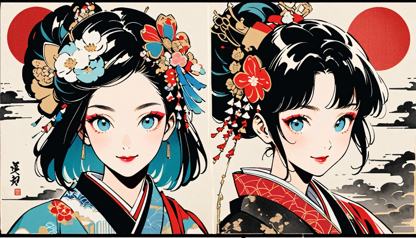 (((Ink Painting))), Fashion portrait color photos, (((twins))), (((Japanese patterned kimono))), (((Very flashy hair accessories))), (((Very flashy makeup))), Japanese style headphones, smile, front view, Japan人の美少女, Black Hair, Delicate and precise, Modern ukiyo-e style,Japan, Japanese flag