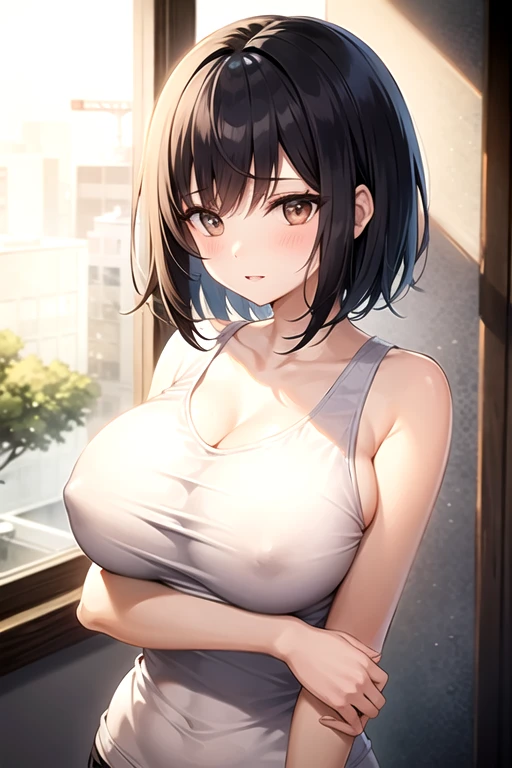 One girl、high school girl、Black Hair、Short Bob、Turn away、Tied up and hung、Shoot only the upper body、Big Breasts、Very thin white tank top、Brown Skin