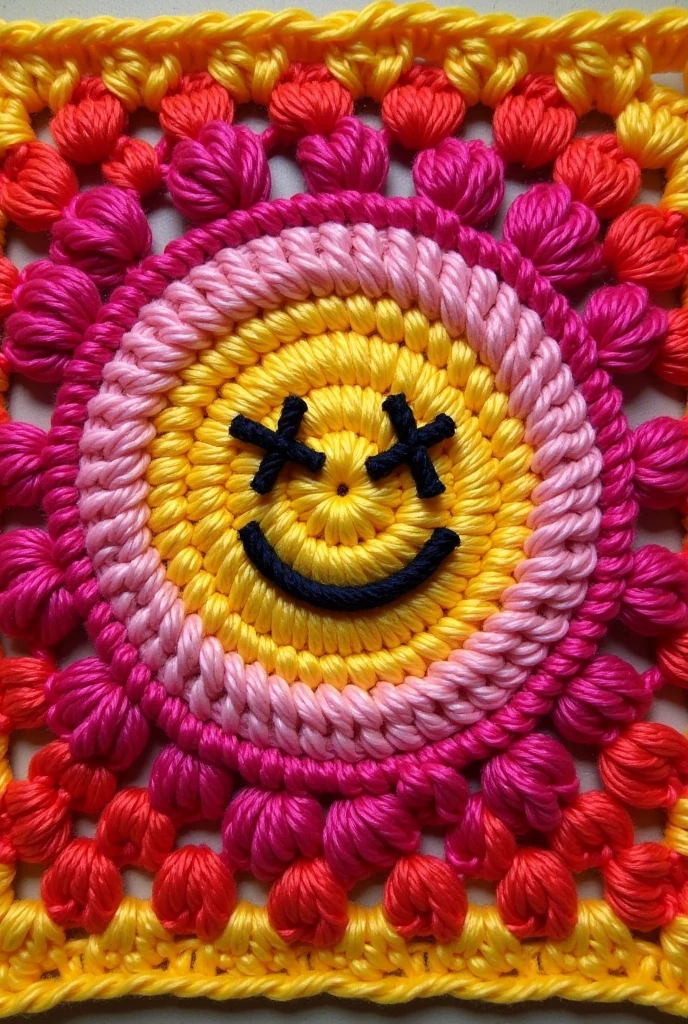 Crochet Granny Square in hot pink and orange with an emoji in the middle, simple yellow emoji with eyes and mouth embroidered with black thread , the eyes in an X shape and the mouth in a line smile