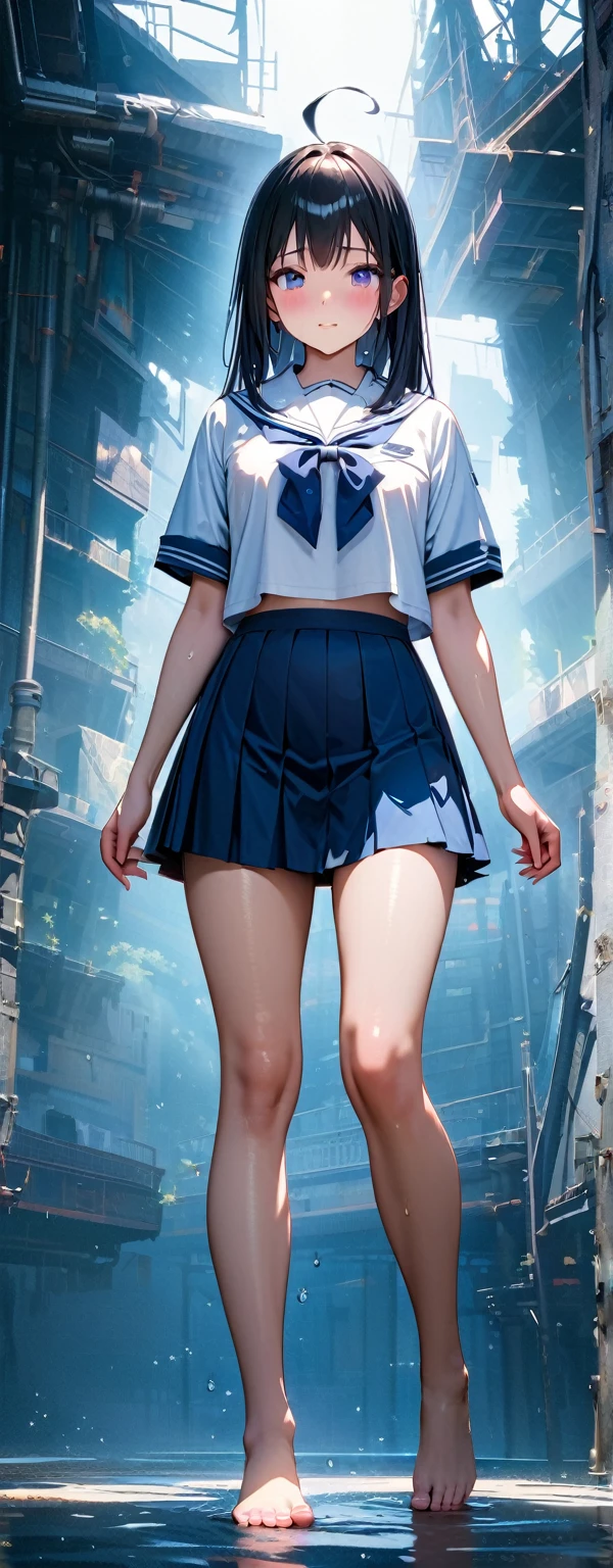 Straight Hair,Black Hair,ahoge,Looks about ,Short-sleeved white sailor suit,Indigo pleated skirt,The large ribbon on the front of the sailor uniform is light blue.,The sleeves of the sailor suit are indigo blue,,barefoot,(beautiful girl: 1.3),Highest quality,8k,Highly detailed CG unit wallpaper,masterpiece:1.2,Highest quality,Ultra-high resolution,RAW Photos,Realistic textured skin,Cinema Lighting,Embarrassing,blush, vapor,Wet,Wet,Watery eyes,big and beautiful butt,Perfect Style,perfect body,(zettai ryouiki:1.3),((upper body)),