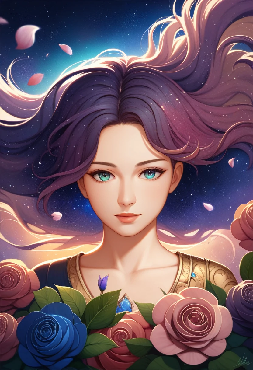 (best quality, masterpiece), 1girl, pose, particle, wind, flower, upper body, simple background, looking at viewer, black wildly hair, cosmic, nebulas, galaxy