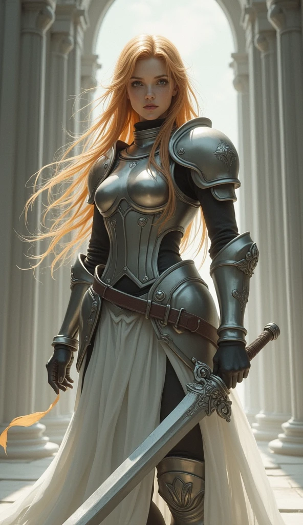 Theme of the game Final Fantasy. Image of a bronze-haired girl standing holding her favorite sword, wearing light armor in black and white, pastel colors, and dramatic tones. A masterpiece with the highest resolution , Image type surreal