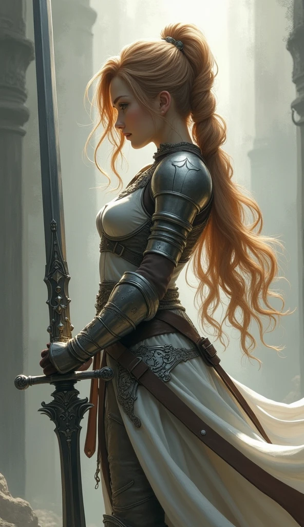 Theme of the game Final Fantasy. Image of a bronze-haired girl standing holding her favorite sword, wearing light armor in black and white, pastel colors, and dramatic tones. A masterpiece with the highest resolution , Image type surreal
