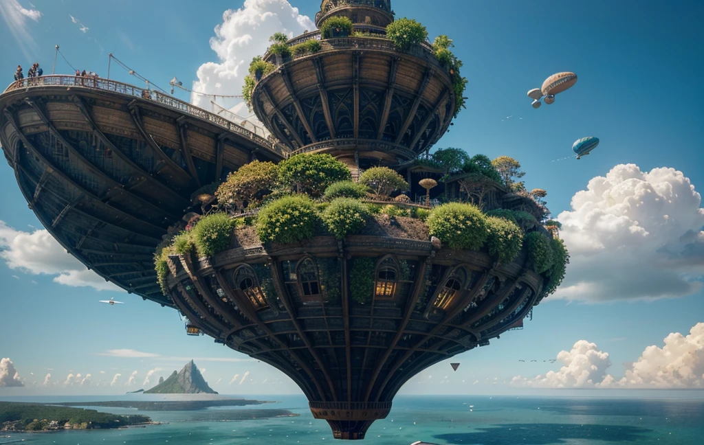 many islands suspended in the sky,Many blimps flying around, City, fantasy, The growth of magical plants, extreme details, realistic light, epic work, (intricate details), (Complex design, Super detailed :1.2), art station, (masterpiece, best quality), Ultra high quality, 32K --v 6