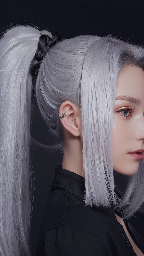a close up of a woman with a ponytail and a black shirt, Silver Hair (ponytail), silver ponytail hair, Silver Hair ponytail, girl silver ponytail hair, girl Silver Hair, white ponytail hair, Silver Hair girl, Light grey long hair, White long hair, Tifa Lockhart with white hair, Silvery white hair, long straight Silver Hair, white hair color