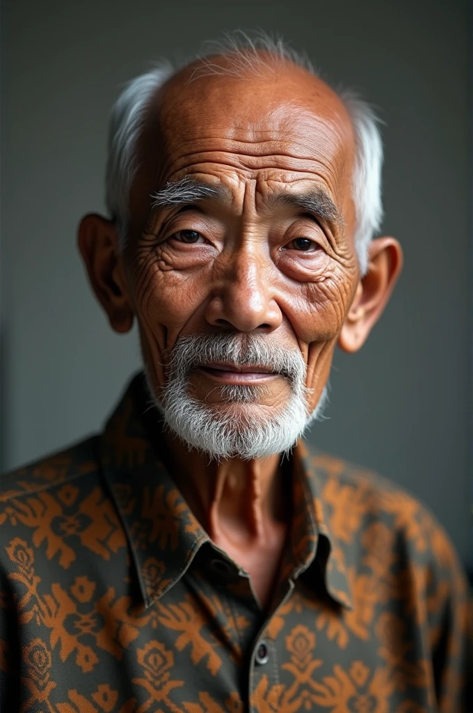 photo of a javanese old man with slightly bald, slightly skinny and neatly trimmed beard and moustache wearing batik tshirt