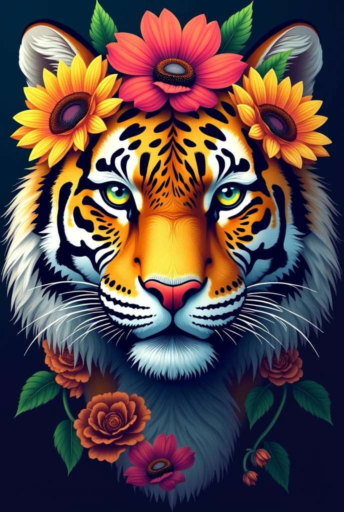 Create a fantastic Amazonian jaguar. A mix of jaguar and tiger,jaguar face,feathers on the head,leopard spots on the face, flowers in the head, sunflower, lilies, daisy, roses,feathers on the head, color full, rainbow colours,spectacular, vibrant, no signature, no watermark