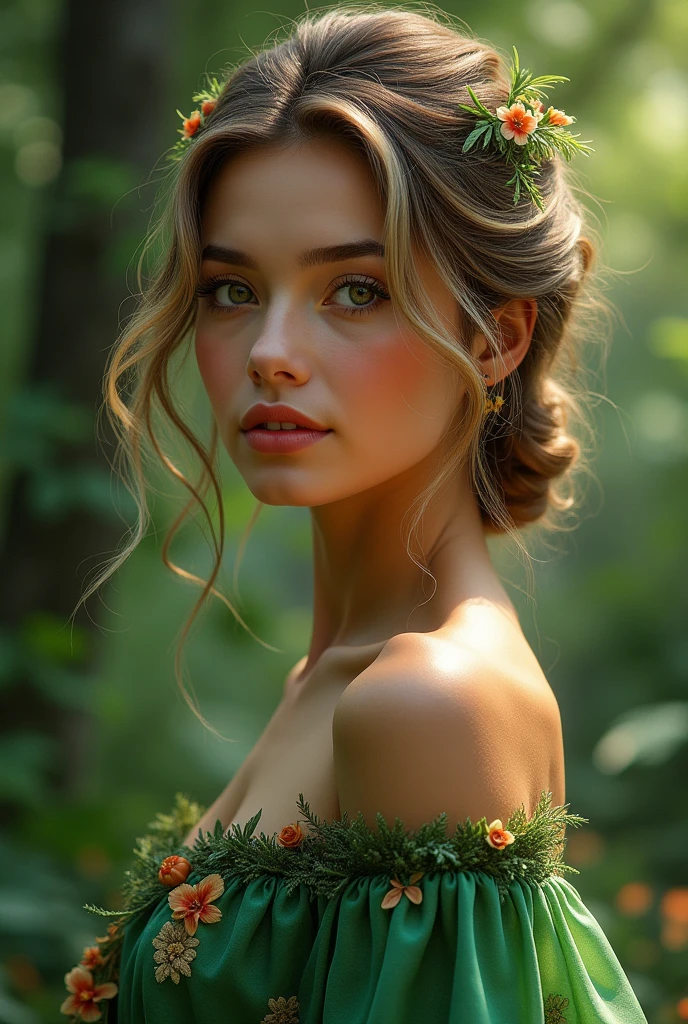 White-skinned woman with semi-blond hair, Hispanic features and a green flowered dress
