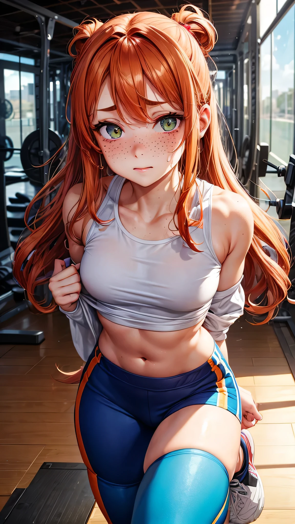 nsfw, masterpiece, 1 girl, ((topless)), intricately detailed, navel, necklace, sweaty, orange hair, spats, smiling, extremely detailed, photorealistic, octane render, 8 k, unreal engine., bare breasts, bare stomach, beautiful face, small breasts, ((flat chest)), silence_suzuka \(umamusume\), indoor gym, stretching, horse ear, horse tail, bare shoulders, nipples, nude, different pose, open mouth, blushing, gym equipments, flustered, people on background, glass window