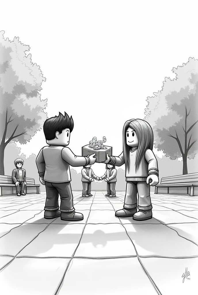 Create a cover image for a game called 'RBX Donate'. The scene should show several Roblox style characters (with geometric shapes and blocks) in a square, where one of them is donating Robux to another. Characters and surroundings should look hand drawn, with a visible sketch style, pencil lines, and soft shading. The background can include details such as trees or benches., but keeping the hand-drawn style. I want the image to look like an artistic illustration made in a sketchbook