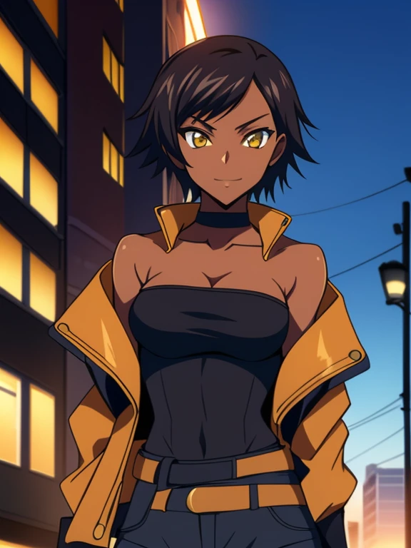 Code Geass style, outdoors, Empty City at Night, 1girl, solo, 26 years old, tomboy, Short Black Hair, (tan-bronze skin), yellow eyes, medium breasts, cleavage, (Midriff), ((Wearing: opened blue jacket, Strapless black top, Belt, Black Tight Pants:1.3)), toned, hourglass figure, athletic, agile physique, snarky expression, looking at viewer, wide smile, (agile physique:1.1), upper body , ((masterpiece))
