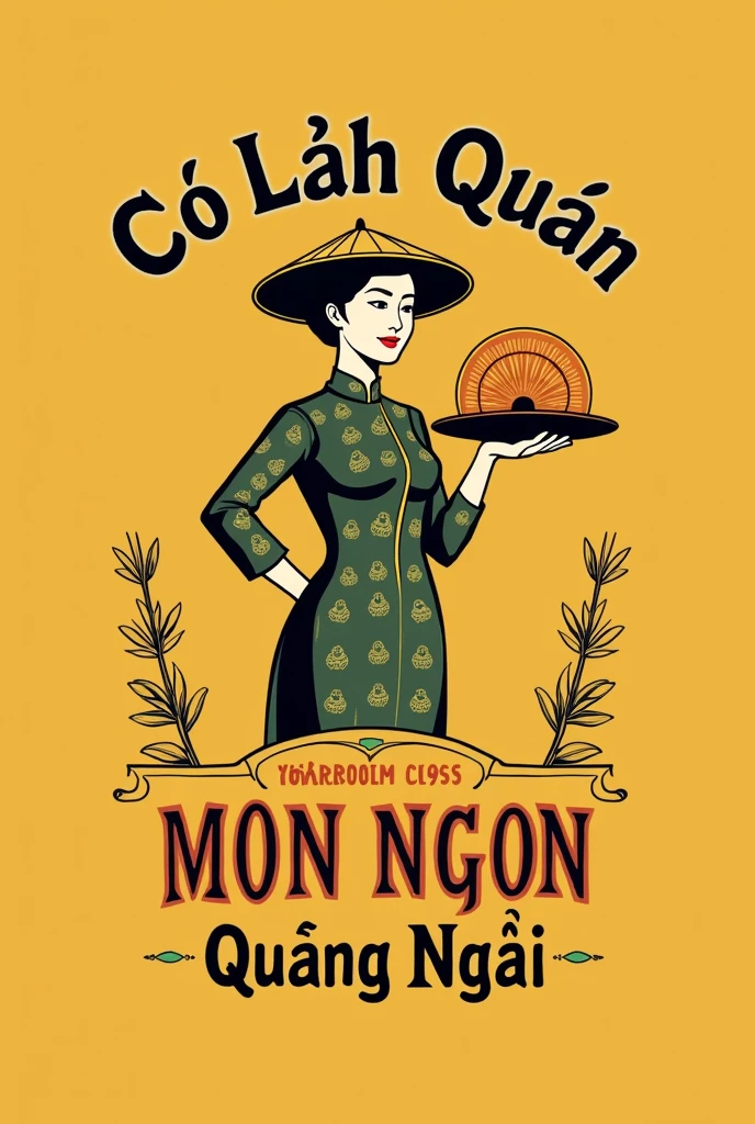 This is a vintage-style logo for a food service called“Co Lanh Quan". The logo has a woman wearing áo dài and Việt Nam conical hat, she holds a disk of The Most Famous Specialty - Quang Ngai's Don. The slogan will be "Mon Ngon Quang Ngai" The color is mostly yellow, and the text is bold