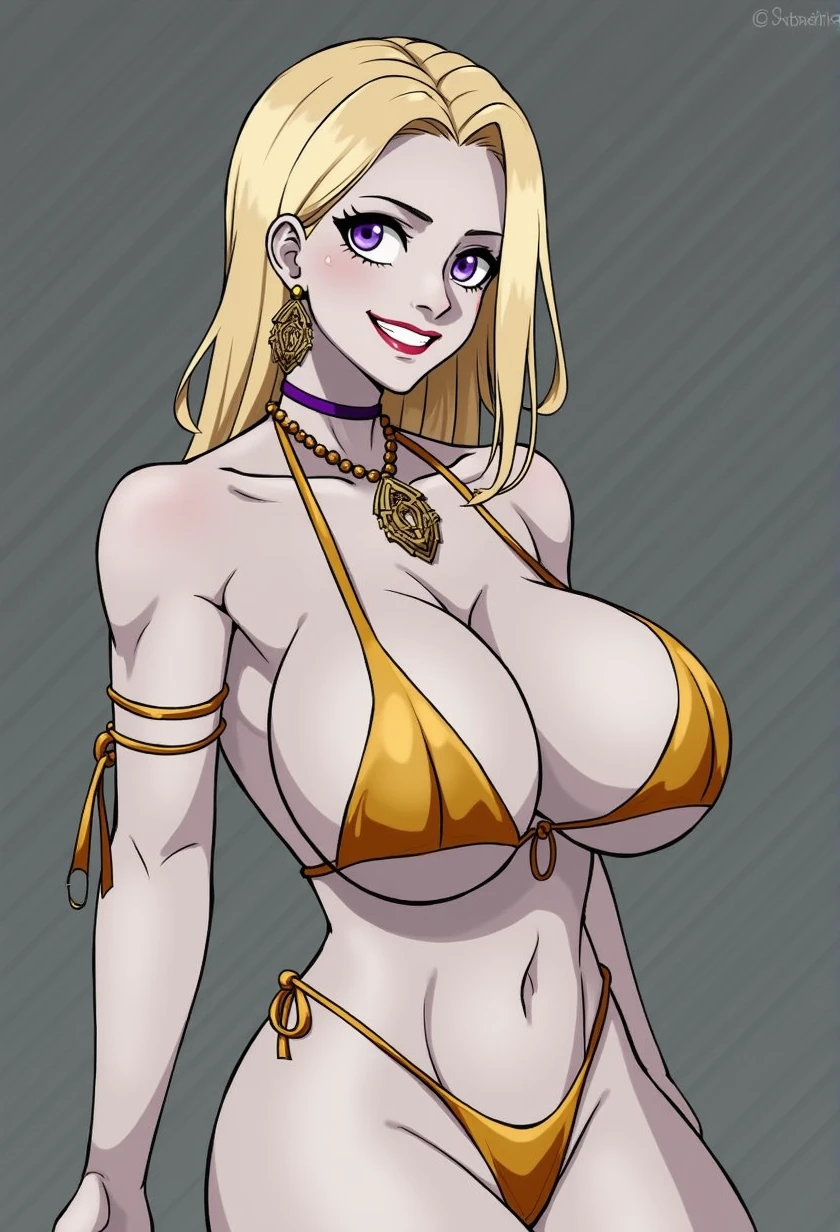 1girl, armlet, arms at sides, bare shoulders, between breasts, bikini, blonde hair, breasts, chain, chain leash, cleavage, collar, collarbone, colored skin, covered nipples, cowboy shot, ear piercing, earrings, gold bikini, grey background, grey skin, grin, highleg, highleg bikini, huge breasts, jewelry, large breasts, leash, lipstick, long hair, looking at viewer, makeup, navel, pale skin, parted lips, piercing, purple eyes, red lips, shiny, shiny skin, simple background, skindentation, smile, solo, standing, stomach, strap gap, string bikini, swimsuit, underboob, yellow bikini