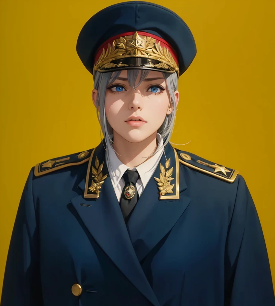 Female, (exceptional, best aesthetic, new, newest, best quality, anime, waifu:1.2), master piece, best quality, absurdres, highres, good anatomy, pretty face, ultra detailed, (1girl:1.3), colored, 1 girl, female, blue eyes, grey hair, peaked cap, red part on the cap, star insignia on the cap, coat, golden shoulder piece, lautel leaves, inside white shirt, black tie, star badge on the tie, looking directly at user,