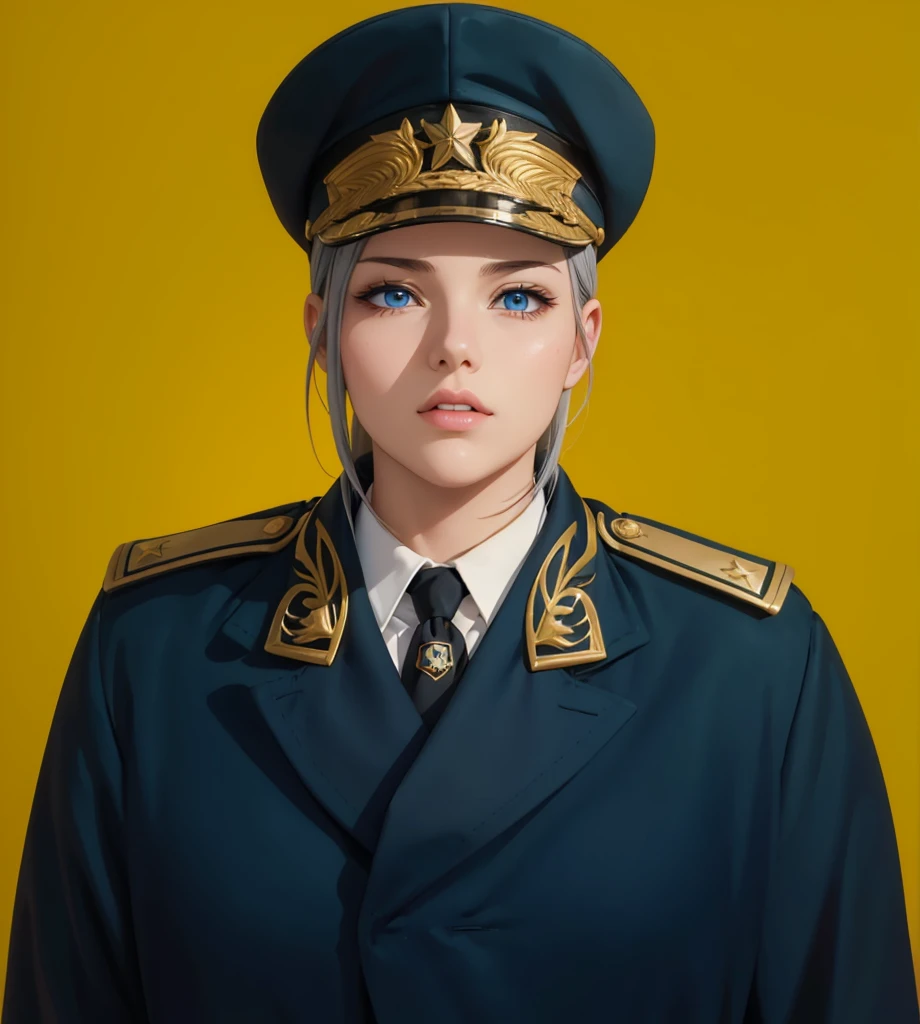 Female, (exceptional, best aesthetic, new, newest, best quality, anime, waifu:1.2), master piece, best quality, absurdres, highres, good anatomy, pretty face, ultra detailed, (1girl:1.3), colored, 1 girl, female, blue eyes, grey hair, peaked cap, red part on the cap, star insignia on the cap, coat, golden shoulder piece, lautel leaves, inside white shirt, black tie, star badge on the tie, looking directly at user,