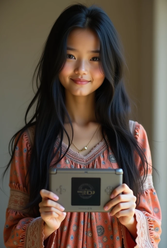 Beautiful girl with long straight black hair, bohemian dress, holding a Nintendo 3DS and showing it to the viewer.