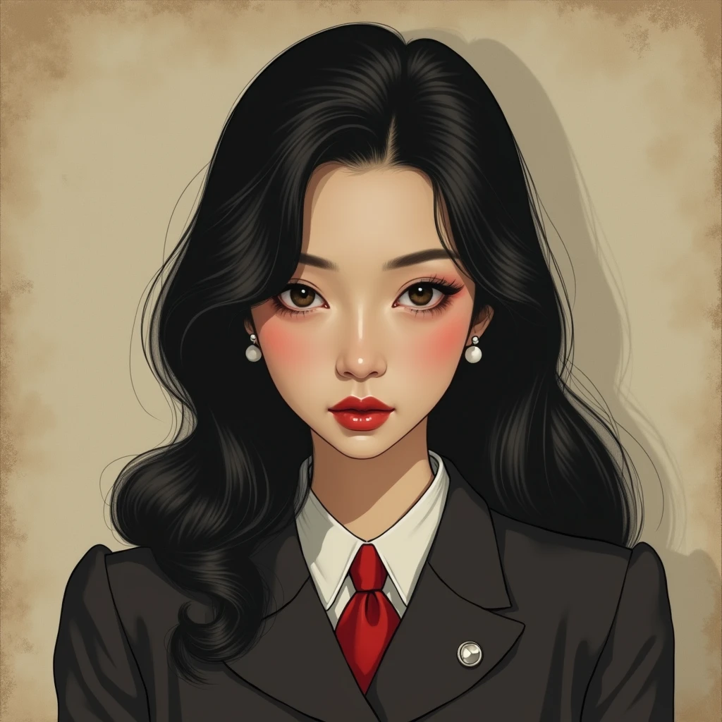 1930s Japanese beauty, black long hair, facing forward, Western-style women's suits, detailed eyes, detailed lips, detailed nose, masterpiece, ultra high definition, high detail, body facing forward, upper body, portrait