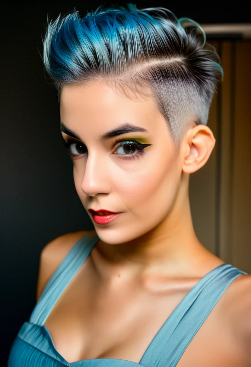 22 yrs Beautiful woman, extreme undercut pixie haircut, slicked hair combed in right-side part, (skin fade), dark severe shaved sides and back of head, blue hair, Flowing pastel sleeveless gown, (close-up, editorial photograph), [[Wide-angle photo]], (background inside dark, moody, private study:1.3), full body portrait, by lee jeffries, nikon d850, film stock photograph, 4 kodak portra 400, camera f1.6 lens, rich colors, hyper realistic, lifelike texture, dramatic lighting, velvia 50, eye contact, faint smile, soft natural makeup, Dark Hazel eyes, Eye contact, pretty young woman in her 20's,