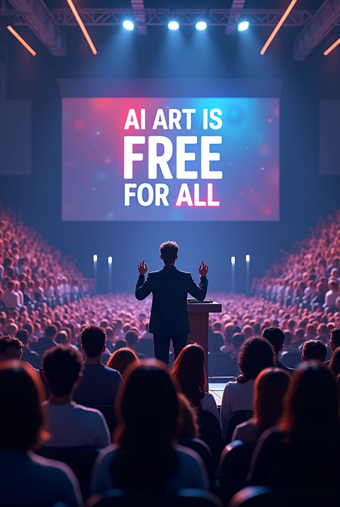 typography poster, a man behind a podium presenting a slideshow on the big screen to the crowd at a convention hall, "AI ART IS FREE FOR ALL", 3d render, photorealistic, pixar