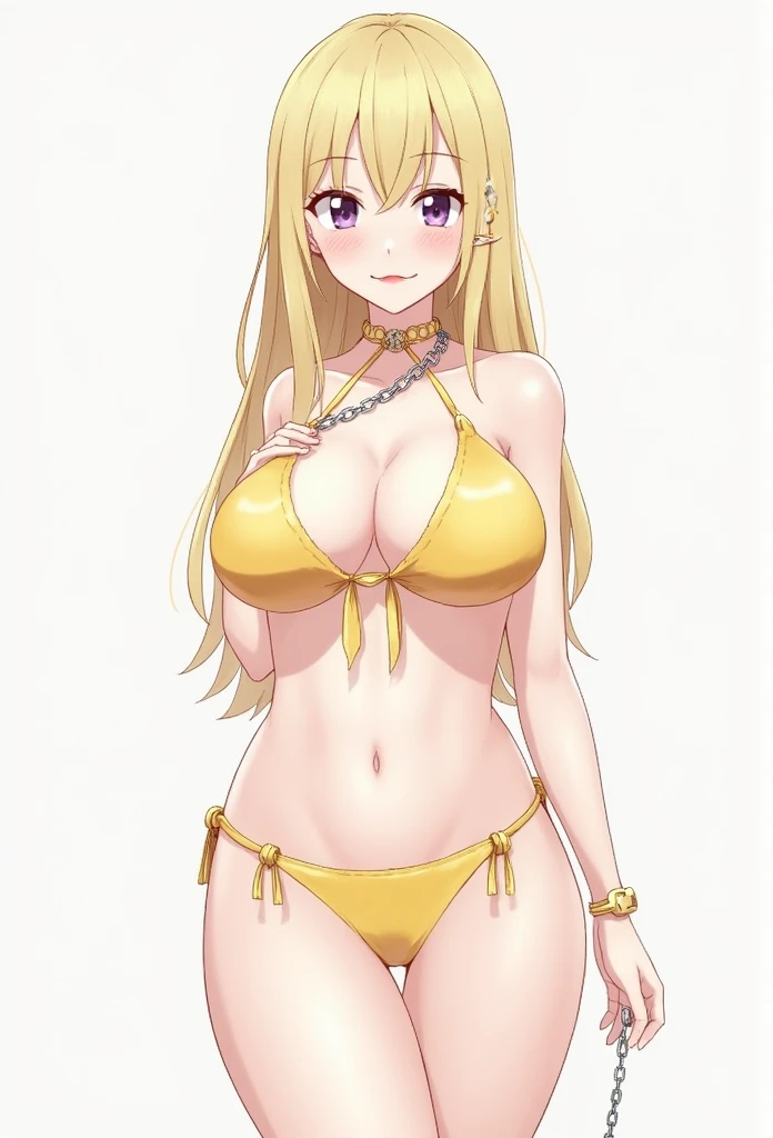 1girl, armlet, arms at sides, bare shoulders, between breasts, bikini, blonde hair, breasts, chain, chain leash, cleavage, collar, collarbone, colored skin, covered nipples, cowboy shot, ear piercing, earrings, gold bikini, grey background, grey skin, grin, highleg, highleg bikini, huge breasts, jewelry, large breasts, leash, lipstick, long hair, looking at viewer, makeup, navel, pale skin, parted lips, piercing, purple eyes, red lips, shiny, shiny skin, simple background, skindentation, smile, solo, standing, stomach, strap gap, string bikini, swimsuit, underboob, yellow bikini