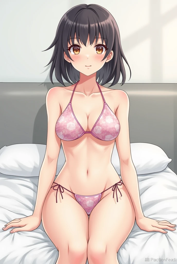 Please draw a girl wearing a see-through micro bikini。The girl hates it、I have been photographed in a naughty state by many people。The girl is about 、I have small breasts。I'm very embarrassed。Also、The shooting location is not the sea、It's a bed。Let's get her to do some more embarrassing poses。