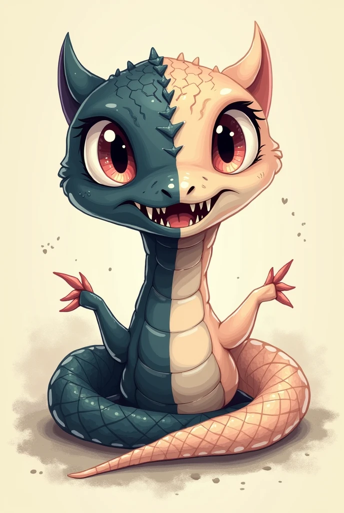 Create a simple design of a snake where half is cute and the other half is evil.