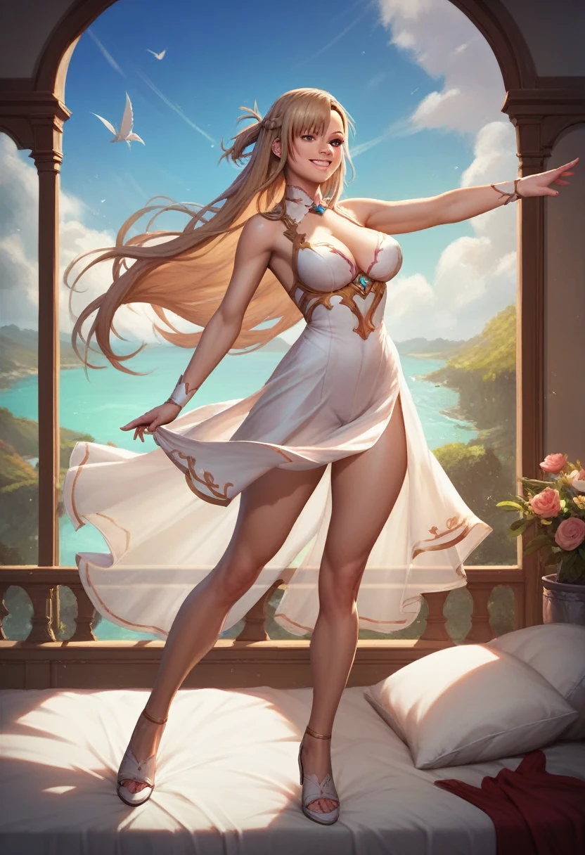 asuna, asuna_(sao), 1girl, fantasy, highres, looking_away, looking_to_the_side, original, realistic, scenery, full_body, smiling, action pose,on_bed,