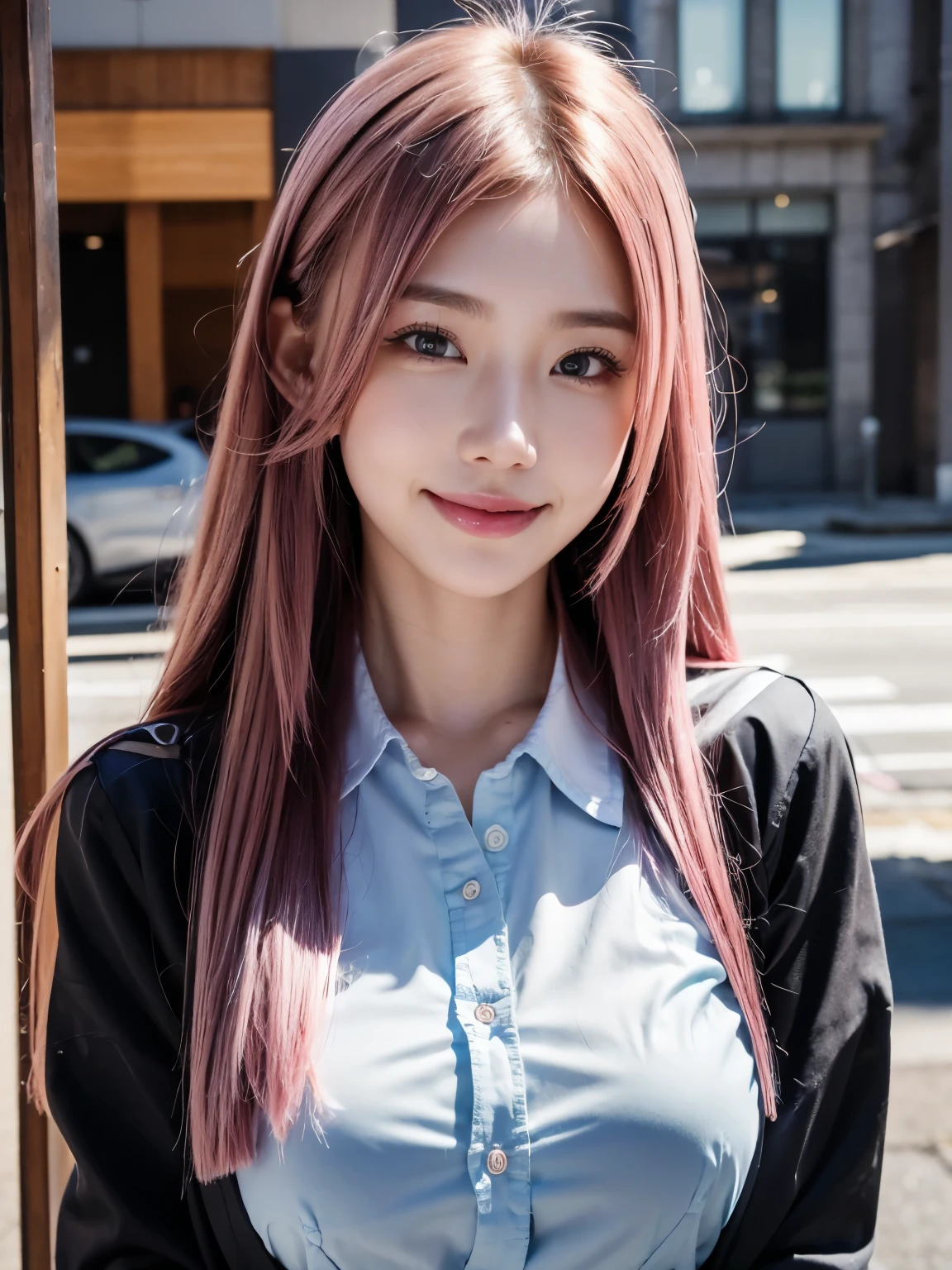8k, RAW Photos, Highest quality, masterpiece:1.2), (Realistic, photo-Realistic:1.37), Very detailed, 1 girl,cute, alone,Beautifully detailed skies,Detailed Cafe,Sitting,Date,(Red nose),(smile:1.1),(Mouth closed),Large Breasts, seductive smile, Large opening, Professional Lighting, Sony A7R4, Zesse 50mm f1.8, Medium chest,Beautiful attention to detail,(Collared shirt:1.1),valley、Put your chest close、Open the buttons on your shirt、Pleated skirt,Floating Hair ,非常に詳細でプロフェッショナルな照明のsmile、Pink Hair、Beautiful Face、Well-formed face、Lip gloss、Long Hair、Pink Hair、Hair color: Pink、From face to waist、